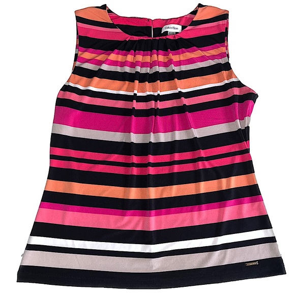 Calvin Klein Multicolored Sleeveless Jersey Knit Gathered Neckline Blouse LG A11 - Picture 1 of 9